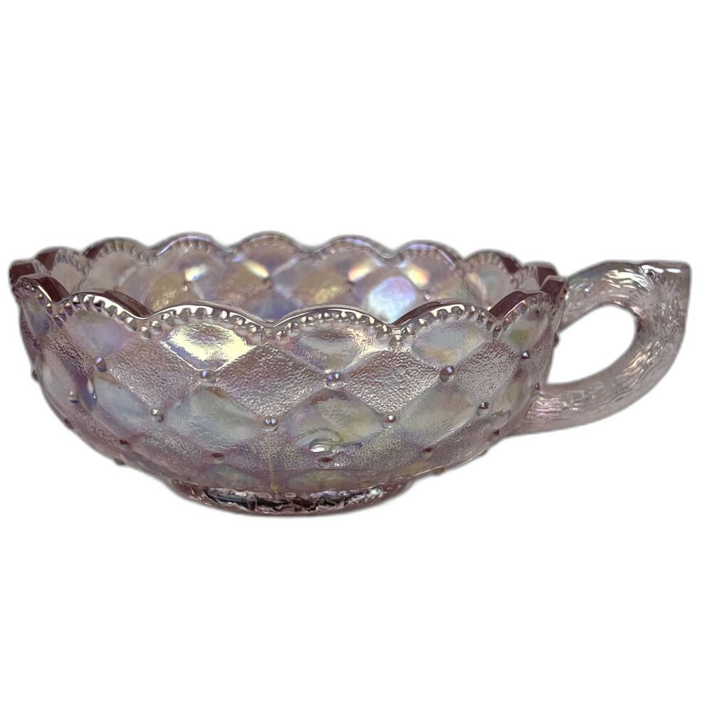 Vtg Imperial Glass Pink Iridescent Bowl Handled Scalloped Edge Lenox Era LIG
